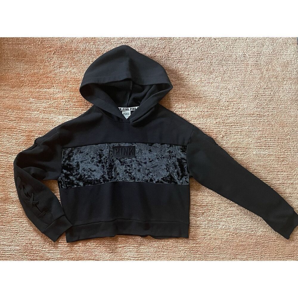 VICTORIA'S SECRET PINK CROPPED HOODIE VELVET LOGO LONG SLEEVE BLACK SZ S